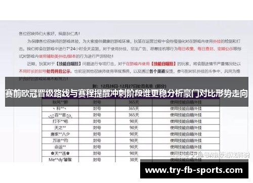 赛前欧冠晋级路线与赛程提醒冲刺阶段谁更稳分析豪门对比形势走向